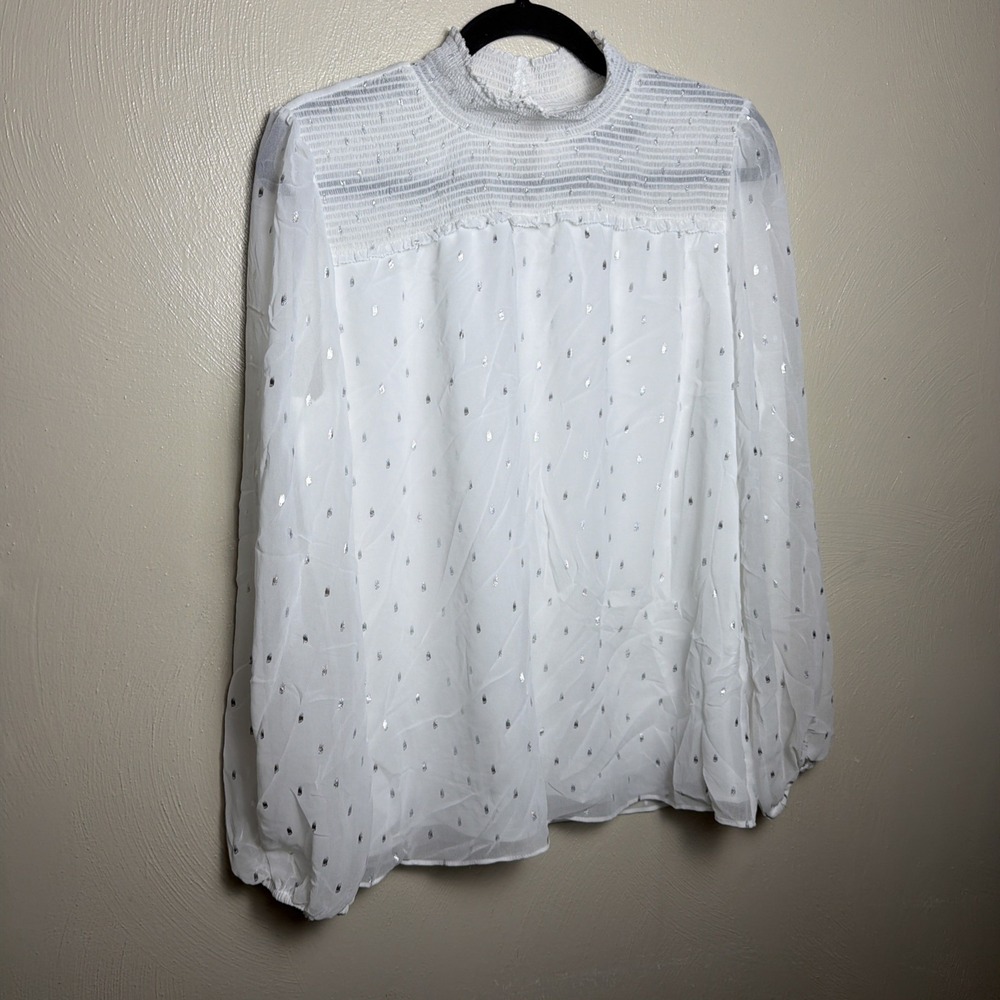 WHBM Market Silver Foil Smocked Lined Mock Neck Blouse Size M